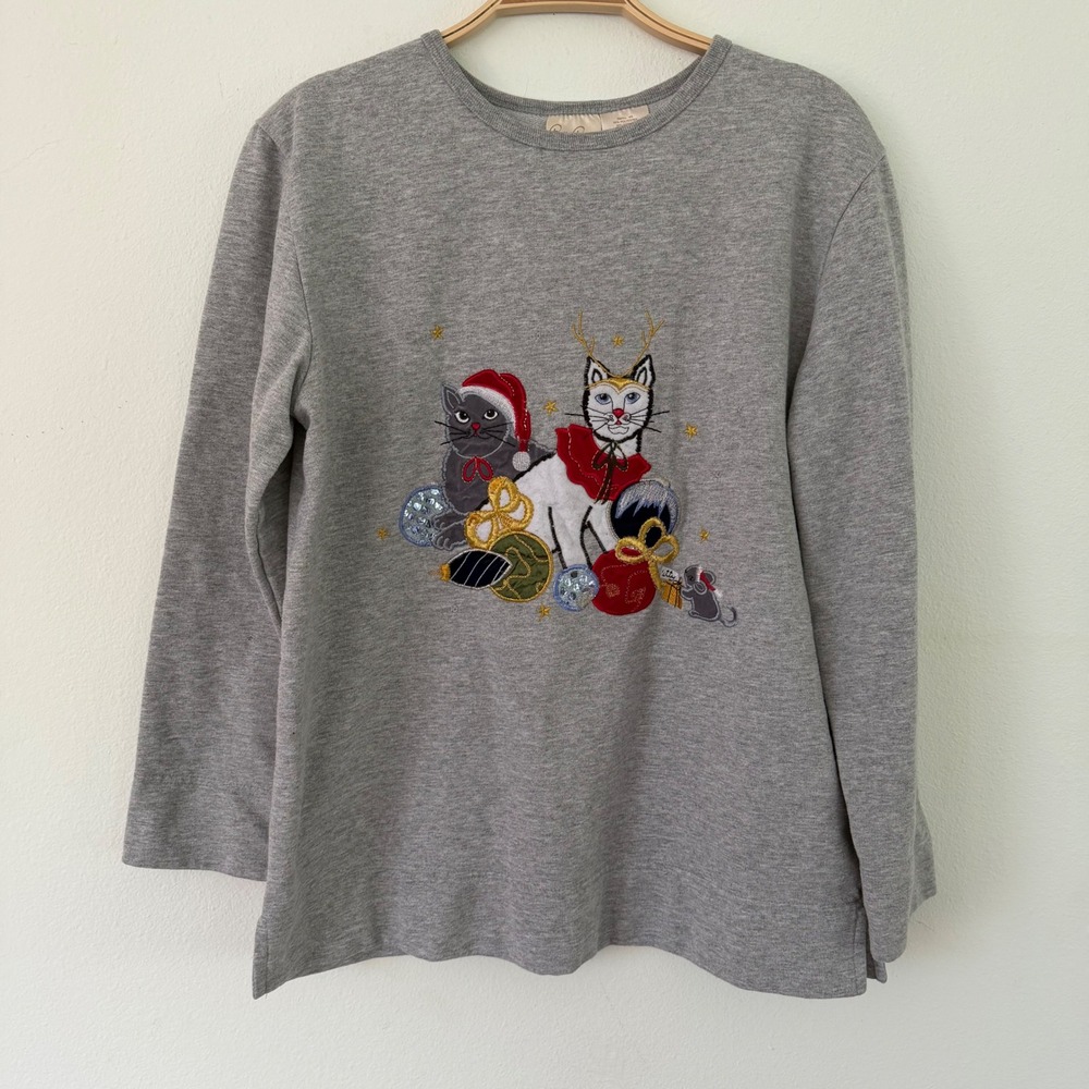 Bobbie Brooks Womens Gray Embroidered Christmas Cats Long Sleeve Top Small